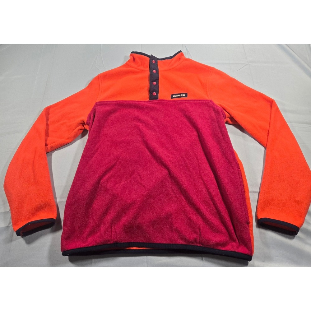 Lands End Kids XL 14-16 Fleece Pullover Orange Pink Colorblock Snap Neck Mock